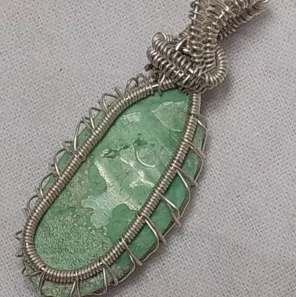 Oblong Oval Wire Wrapped Green Amazonite Pendant - Picture 2 of 8